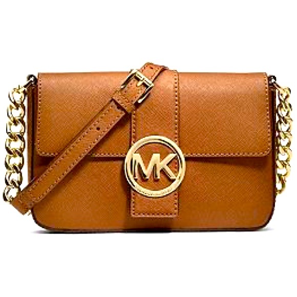 Michael Kors Handbags - Michael Kors Jet Set Charm Medium Saffiano Leather Crossbody Brown Gold ChainBag